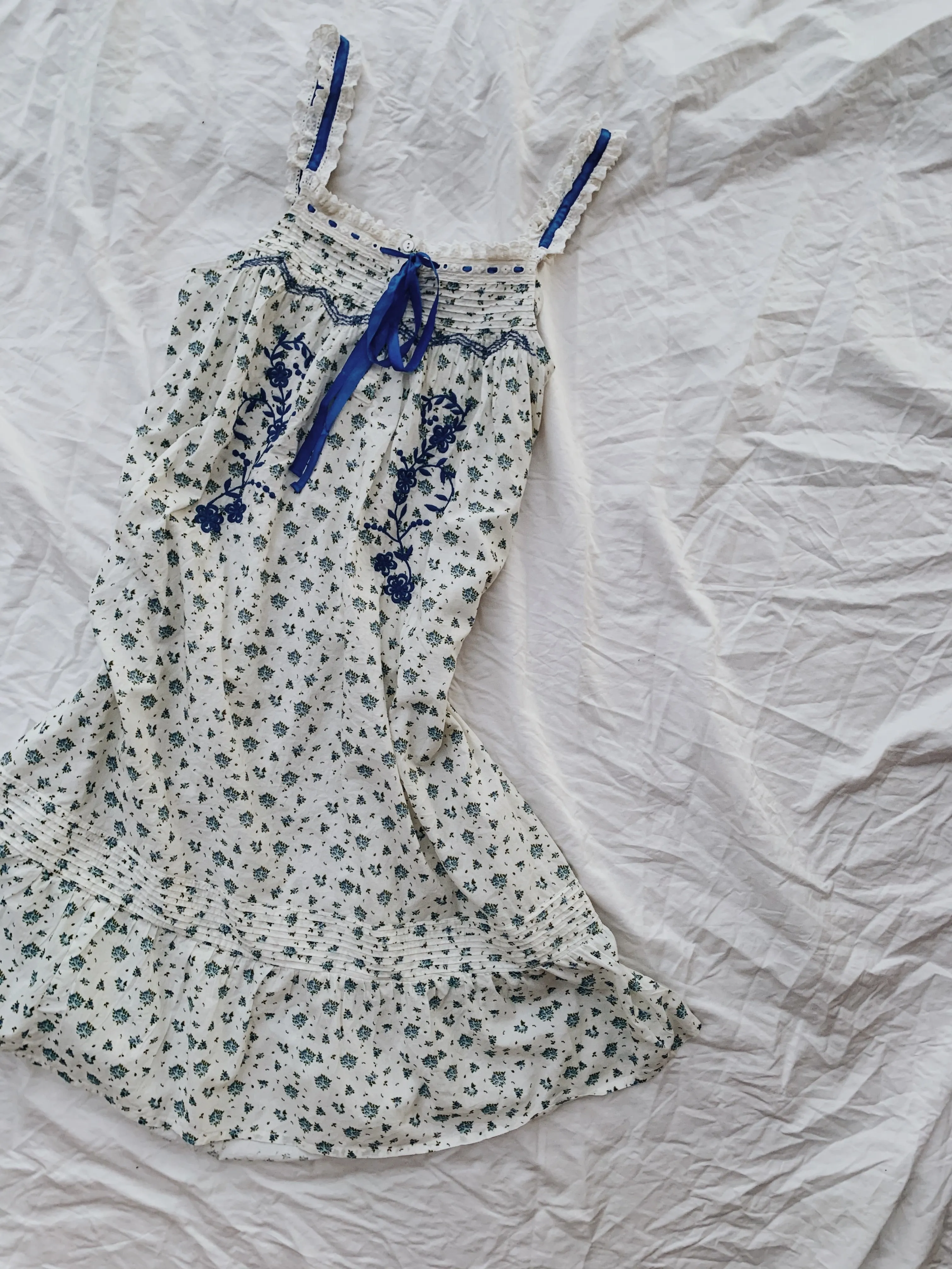 100% RECYCLED COTTON - NIGHTINGALE HAND SMOCKED MIDI DRESS BLUE ROSE FLORAL