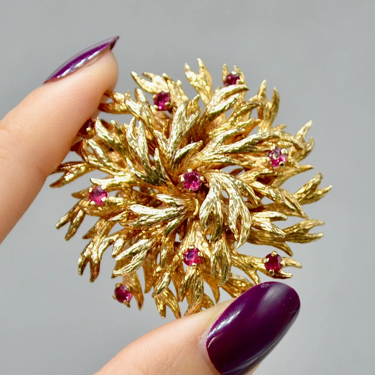 1970s Large Modernistic Brutalist Floral Ruby Floral Brooch (1.35cts)