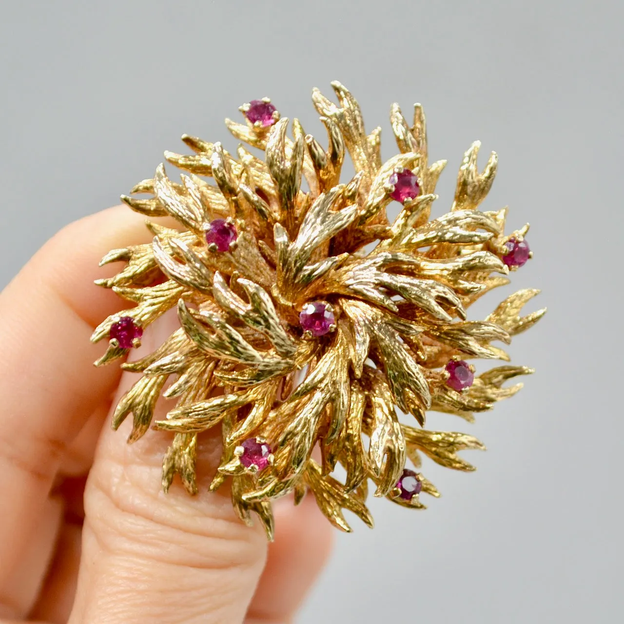 1970s Large Modernistic Brutalist Floral Ruby Floral Brooch (1.35cts)