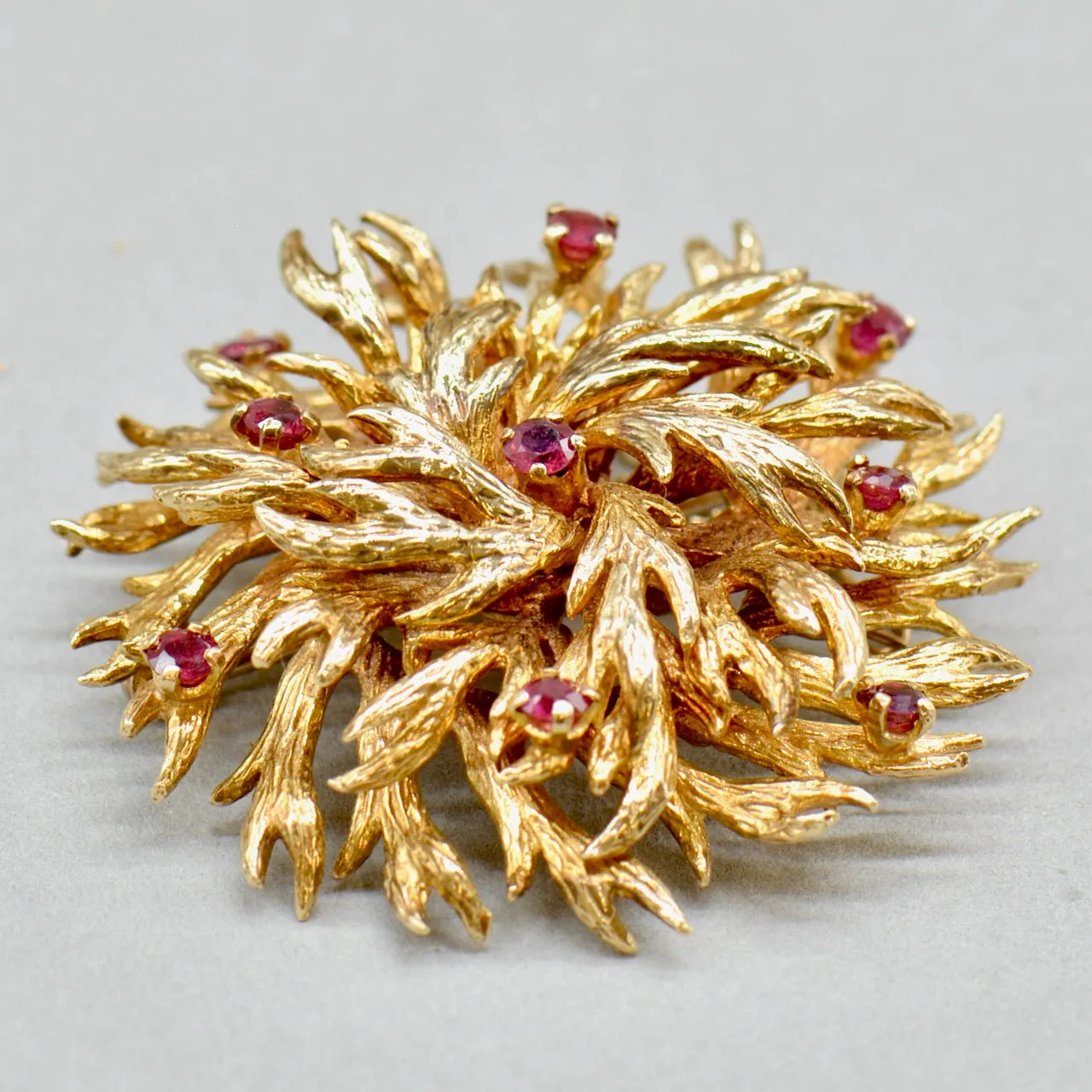 1970s Large Modernistic Brutalist Floral Ruby Floral Brooch (1.35cts)