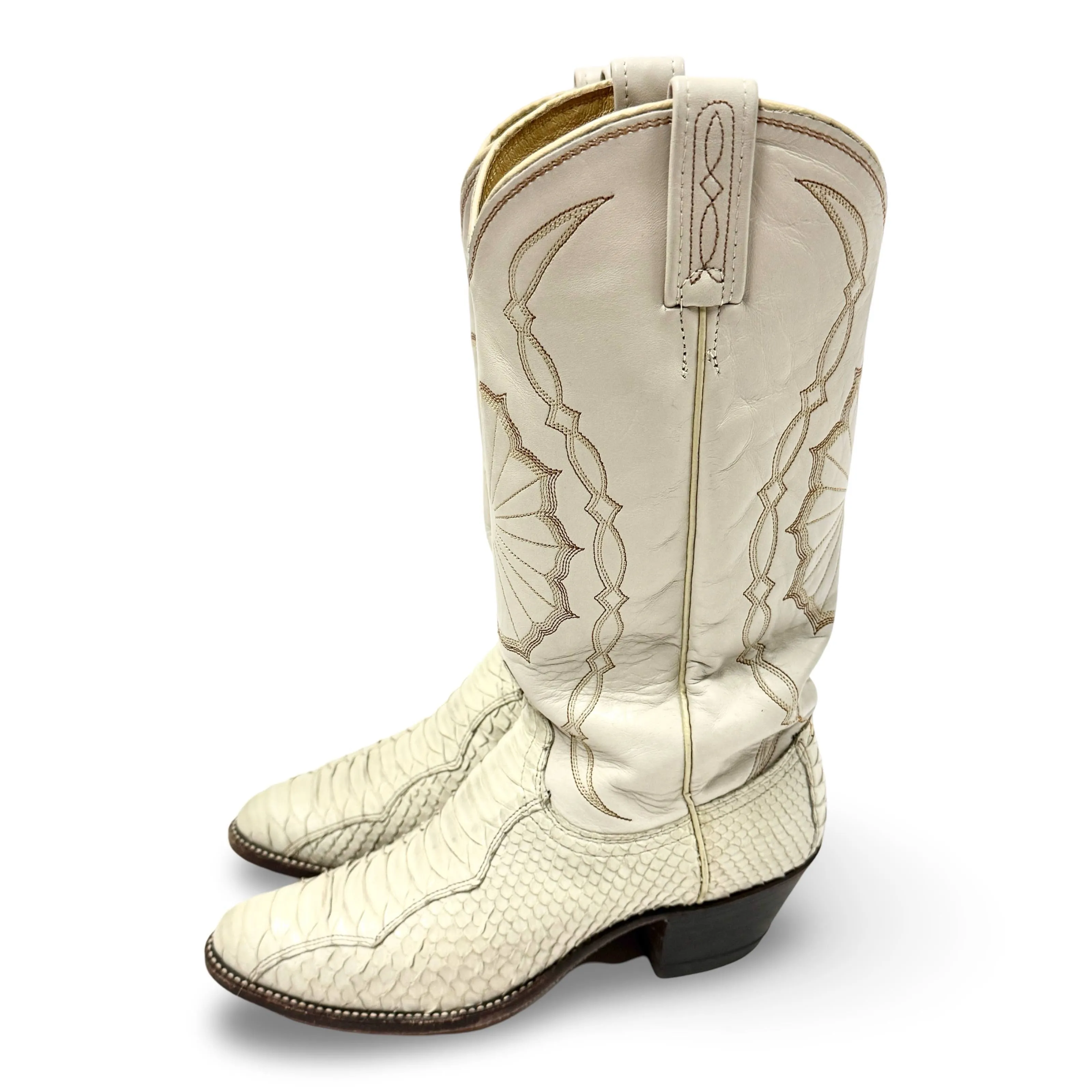 1980’S DAN POST MADE IN USA WHITE PYTHON COWBOY BOOTS WOMEN’S 7.5 MEN’S 6.5