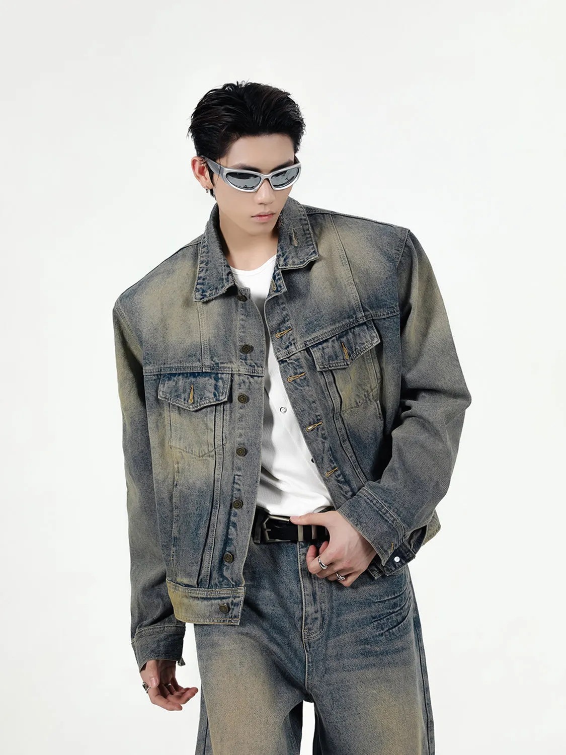 【24s Sep.】Retro Simple Padded Shoulder Denim Jacket Suit