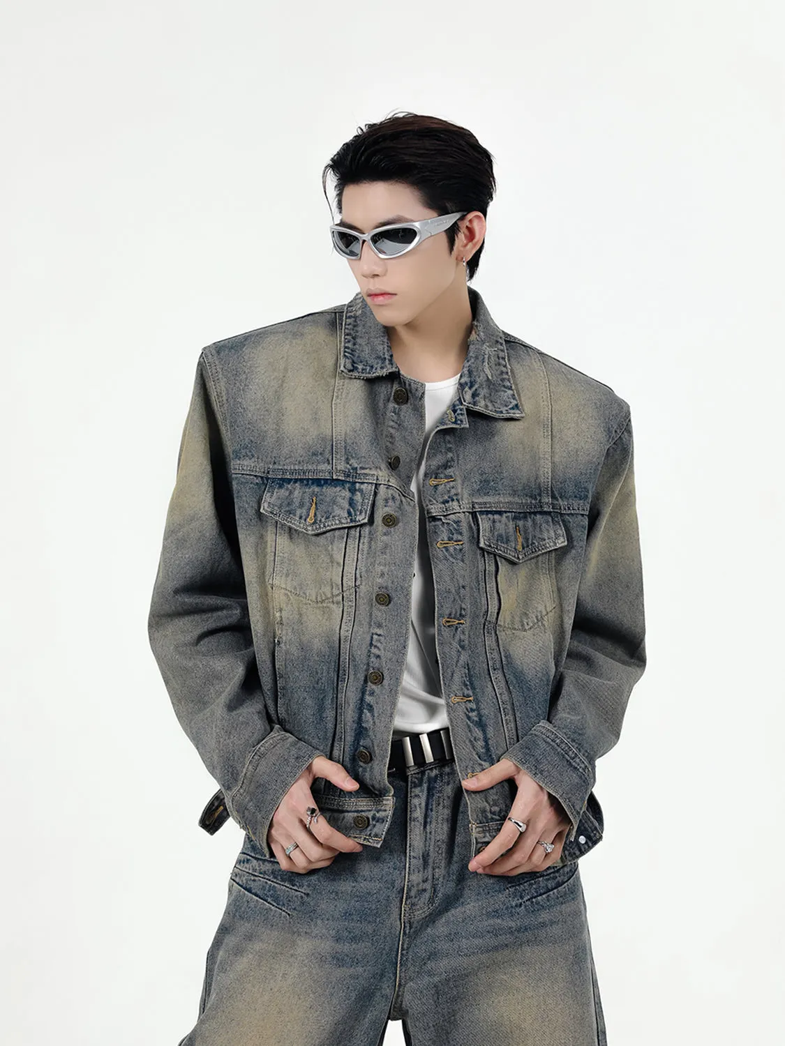 【24s Sep.】Retro Simple Padded Shoulder Denim Jacket Suit