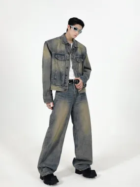 【24s Sep.】Retro Simple Padded Shoulder Denim Jacket Suit