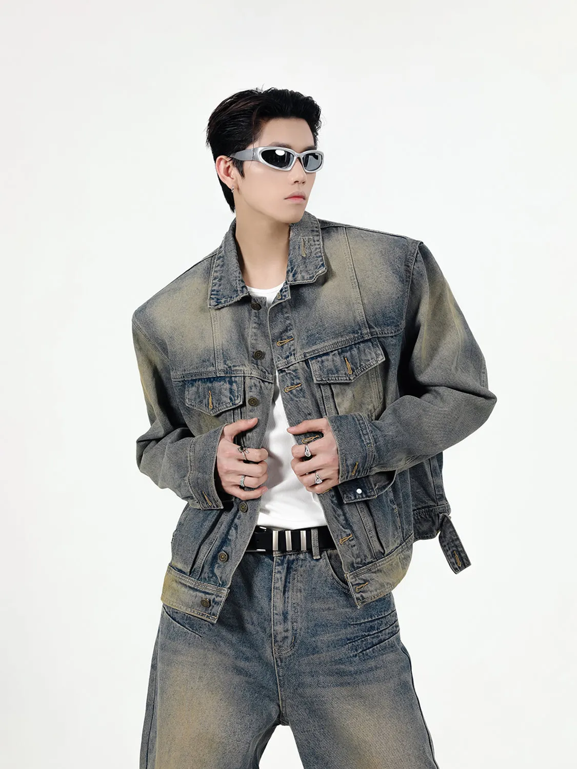 【24s Sep.】Retro Simple Padded Shoulder Denim Jacket Suit