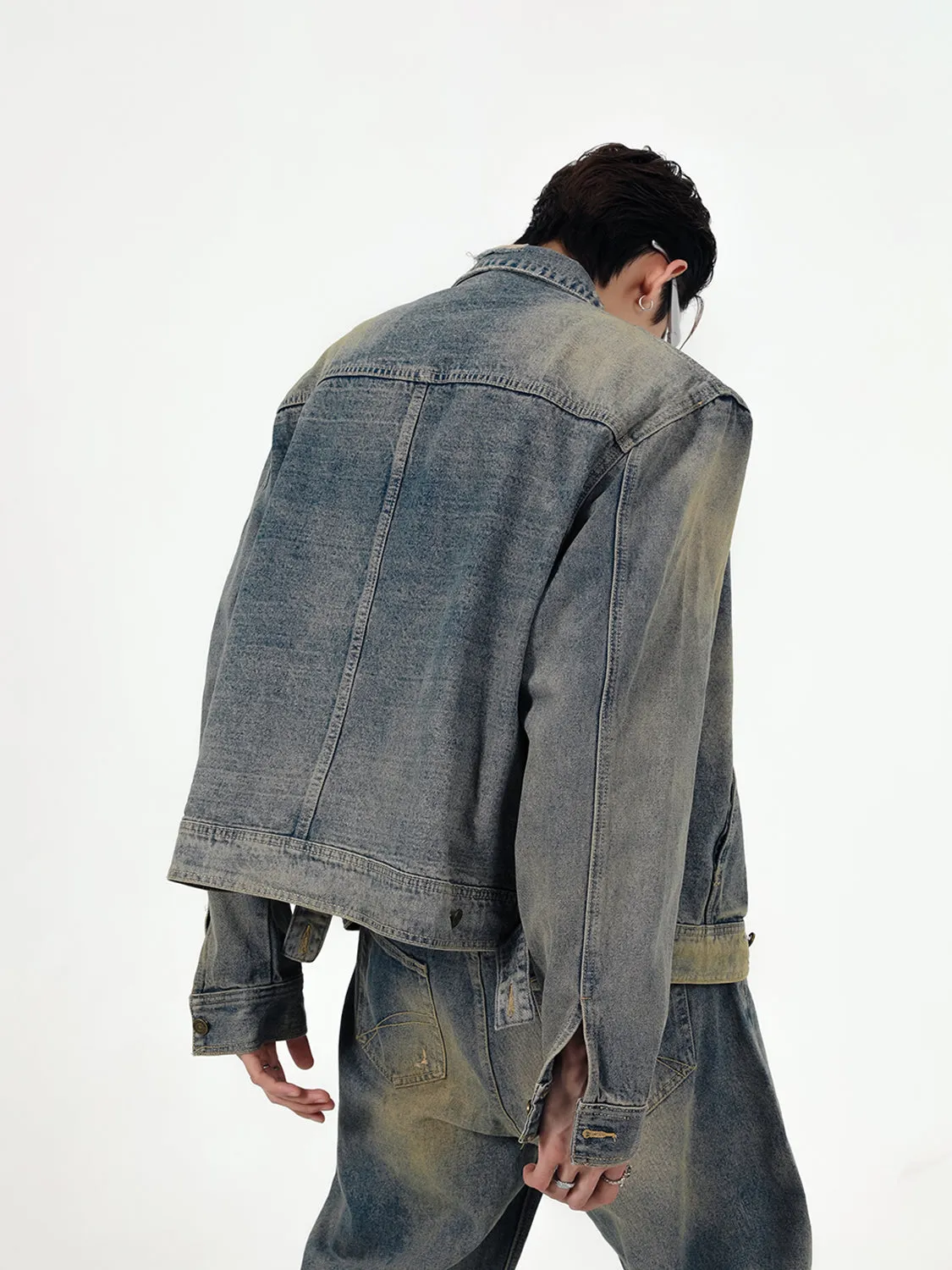 【24s Sep.】Retro Simple Padded Shoulder Denim Jacket Suit
