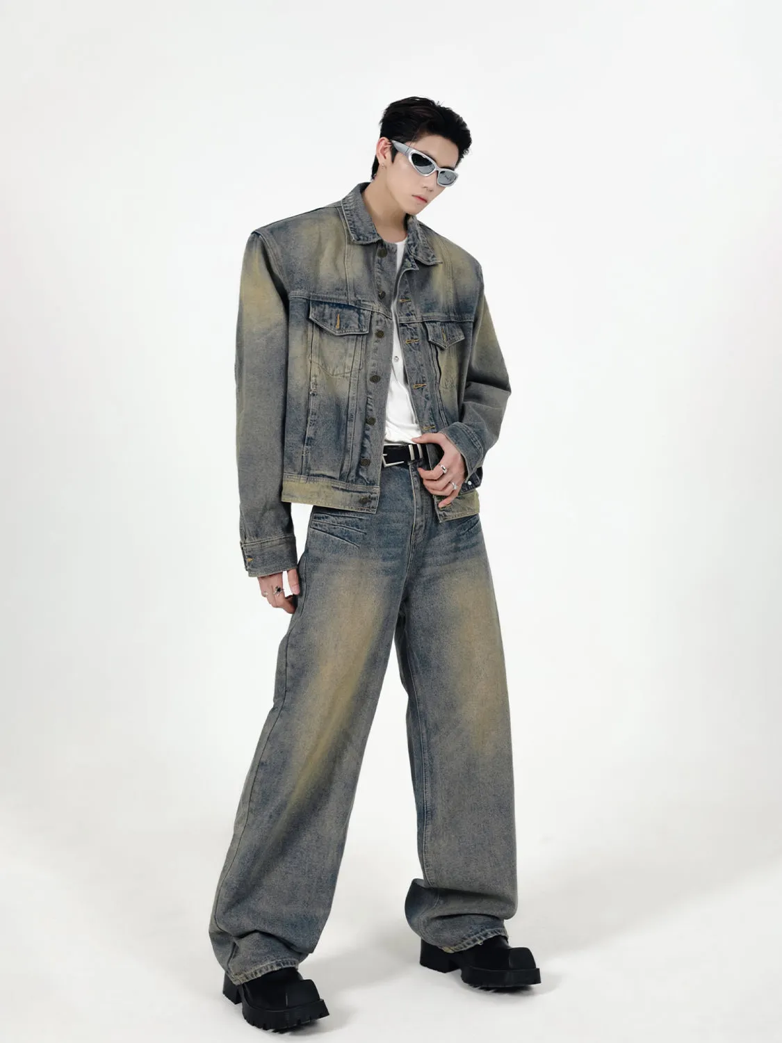 【24s Sep.】Retro Simple Padded Shoulder Denim Jacket Suit