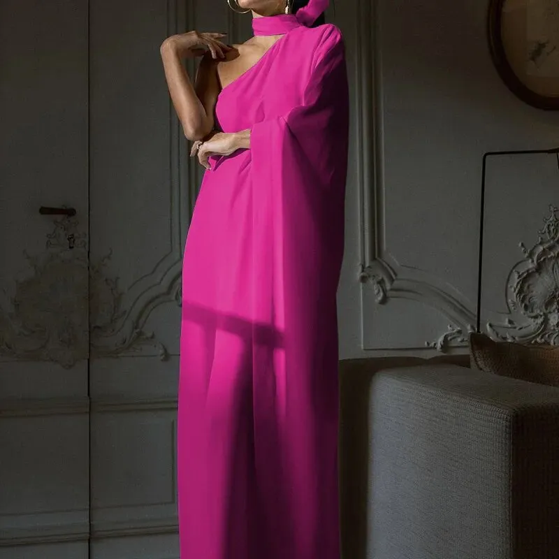 Advbridge Women One Shoulder Solid Color Sexy Dresses Ladies One Piece Party Halter Dress Luxury Women Diagonal Collar Loose Maxi Dress