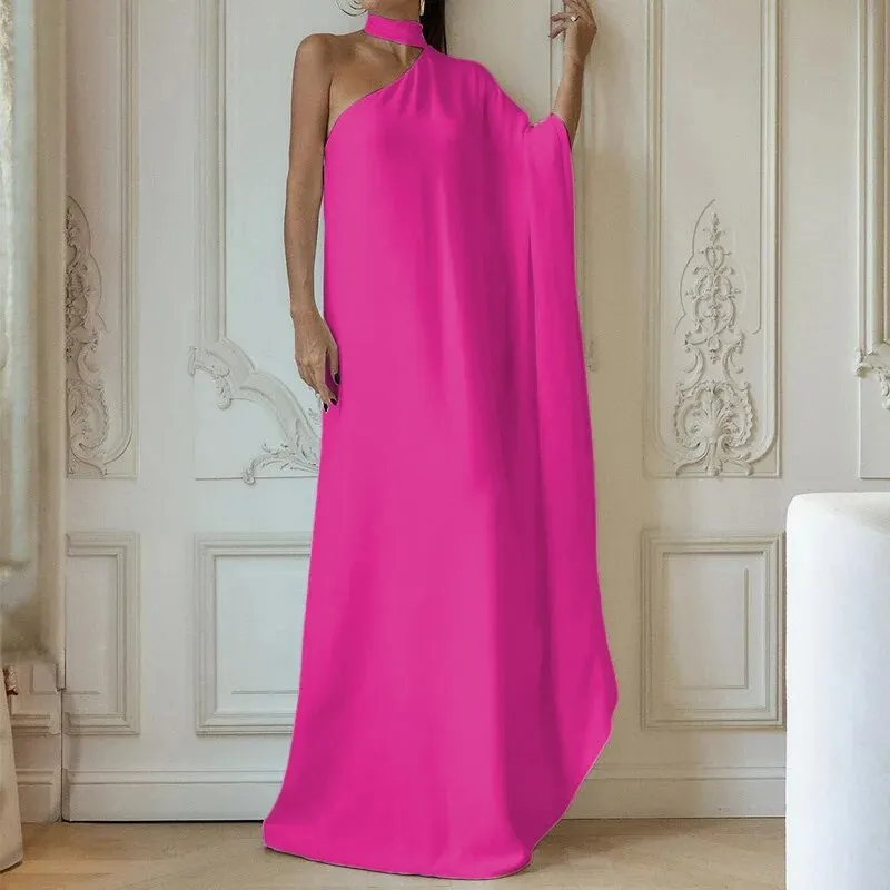 Advbridge Women One Shoulder Solid Color Sexy Dresses Ladies One Piece Party Halter Dress Luxury Women Diagonal Collar Loose Maxi Dress