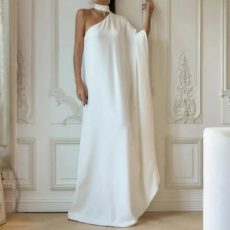 Advbridge Women One Shoulder Solid Color Sexy Dresses Ladies One Piece Party Halter Dress Luxury Women Diagonal Collar Loose Maxi Dress