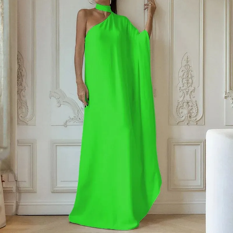 Advbridge Women One Shoulder Solid Color Sexy Dresses Ladies One Piece Party Halter Dress Luxury Women Diagonal Collar Loose Maxi Dress