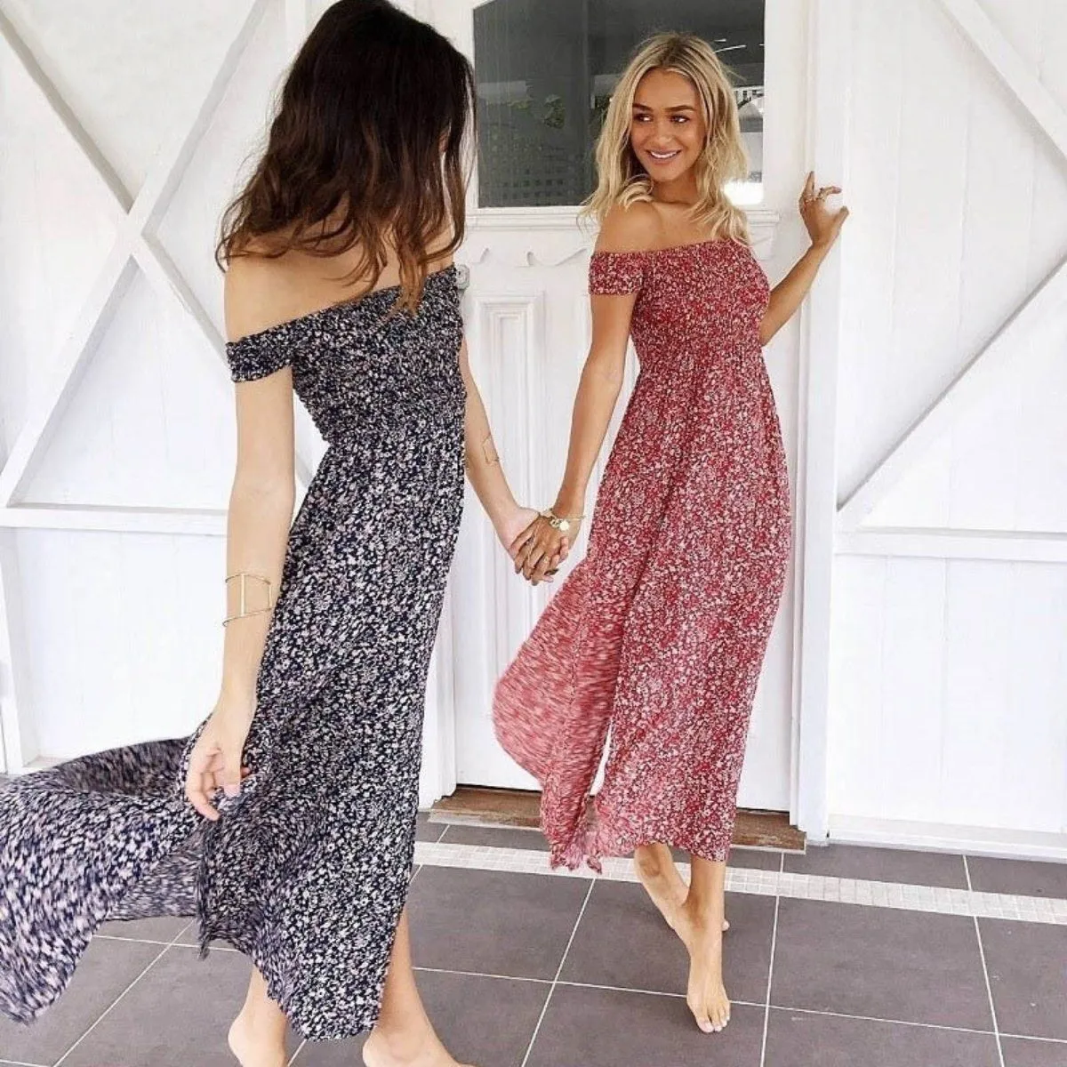 Betty - Sweet Summer Pleated Off-Shoulder Floral Maxi Dress