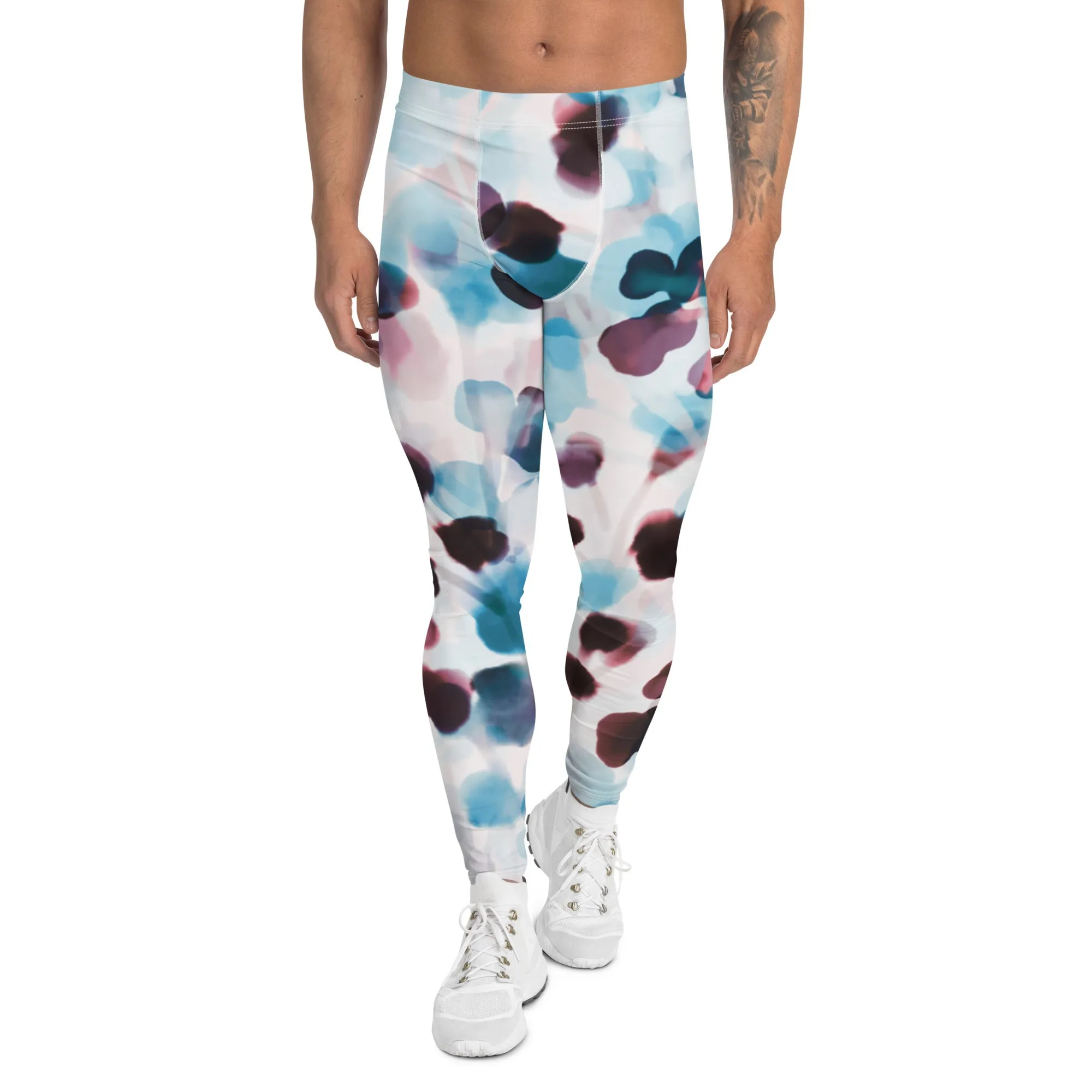 Blue Dotted Abstract Men's Leggings, Watercolor Designer Compression Tights For Men - Made in USA/EU/MX