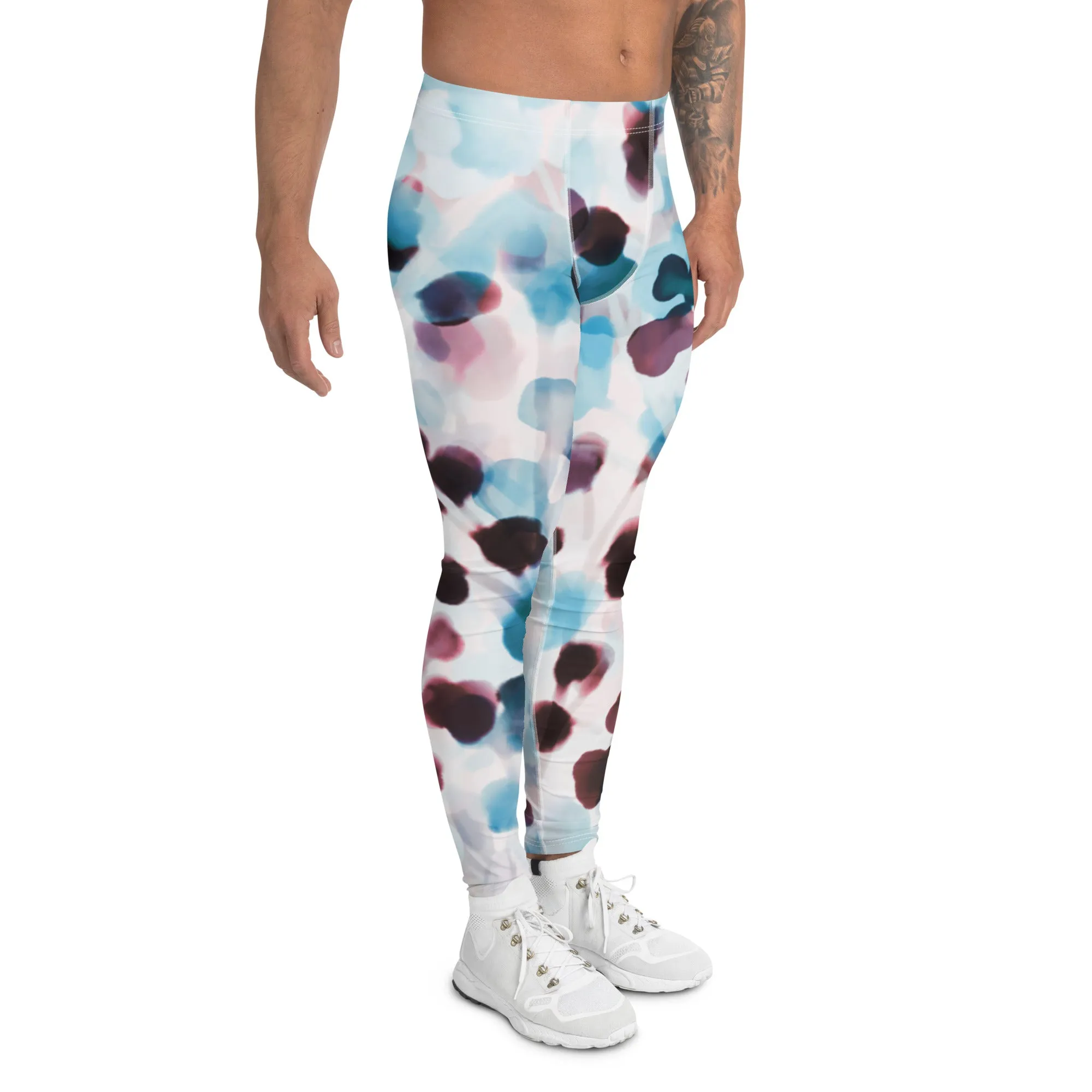 Blue Dotted Abstract Men's Leggings, Watercolor Designer Compression Tights For Men - Made in USA/EU/MX