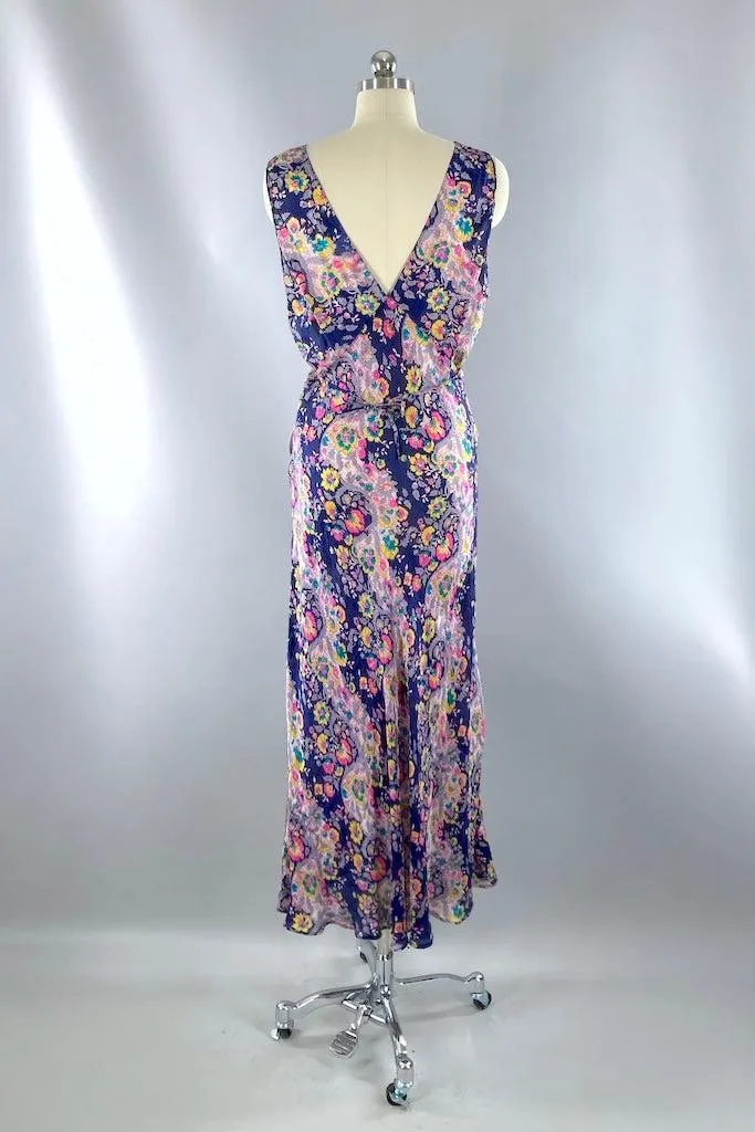 Blue Floral Print Silk Nightgown