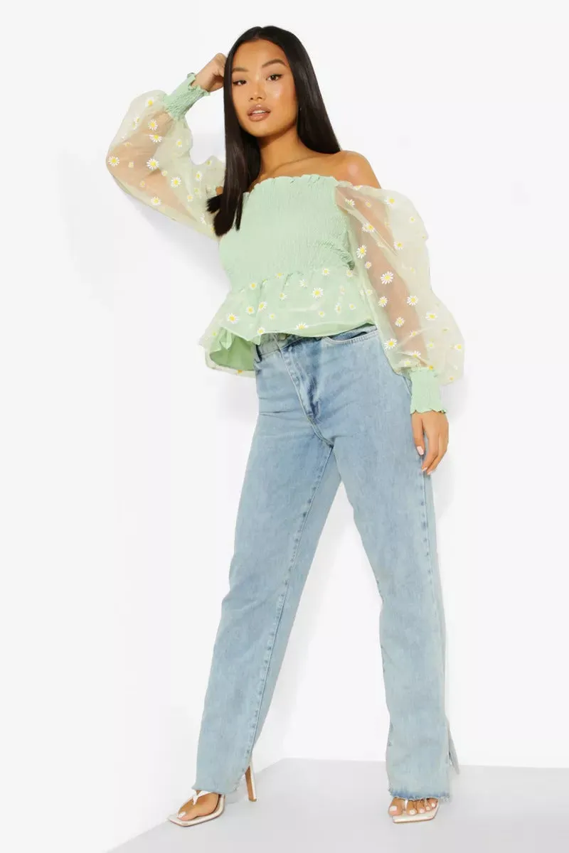 Boohoo Petite Daisy Organza Shirred Mint Peplum Ladies Top