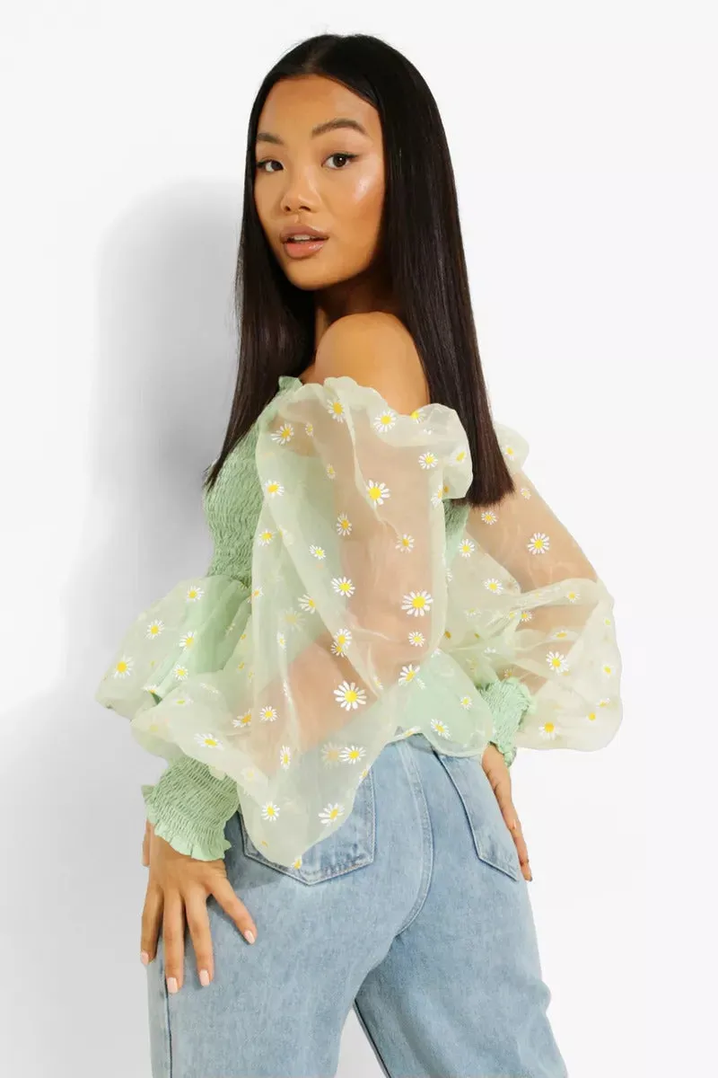 Boohoo Petite Daisy Organza Shirred Mint Peplum Ladies Top