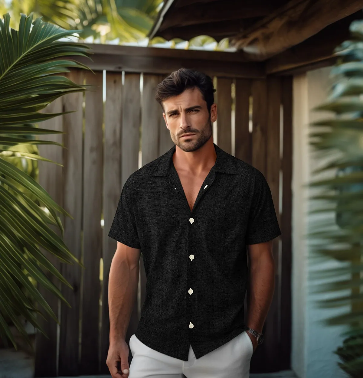 Camp Collar Linen Shirt in Black