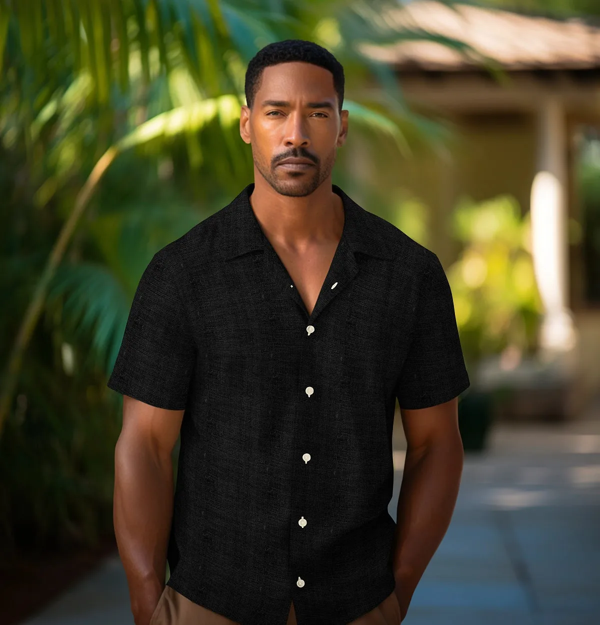 Camp Collar Linen Shirt in Black