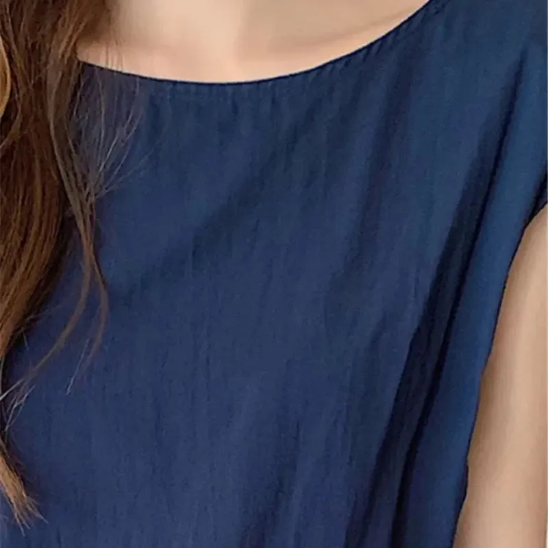 Casual Summer Solid Color Round Neck Midi Dress with Waist Tie