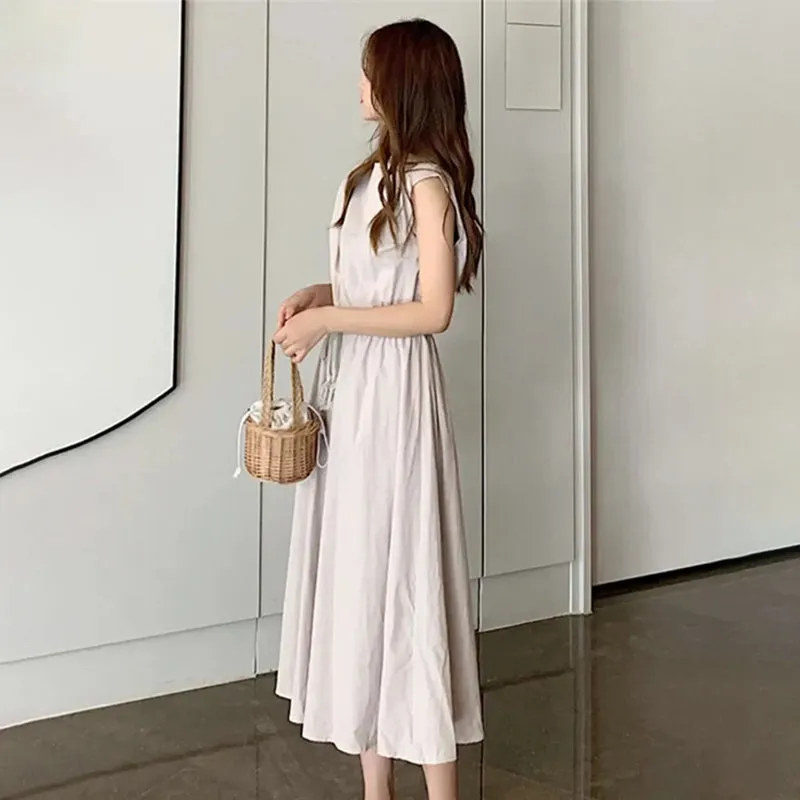 Casual Summer Solid Color Round Neck Midi Dress with Waist Tie