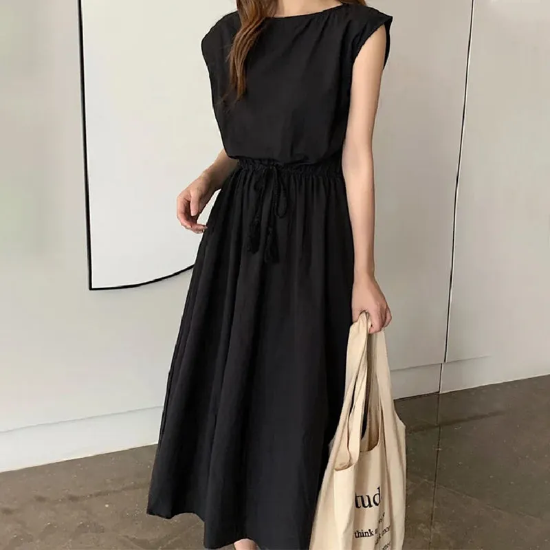 Casual Summer Solid Color Round Neck Midi Dress with Waist Tie