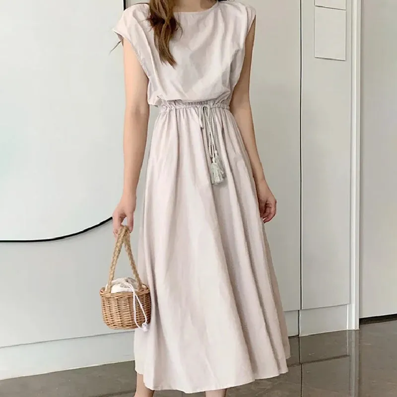 Casual Summer Solid Color Round Neck Midi Dress with Waist Tie