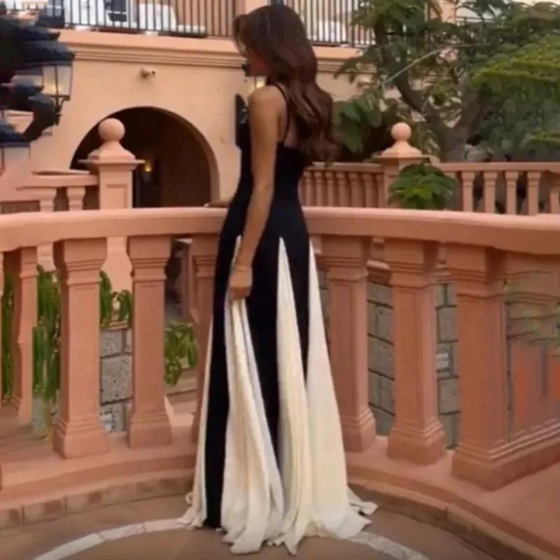 Classy Women's Contrast Patchwork Backless A-line Maxi Dress