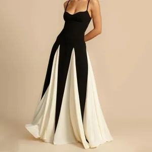 Classy Women's Contrast Patchwork Backless A-line Maxi Dress