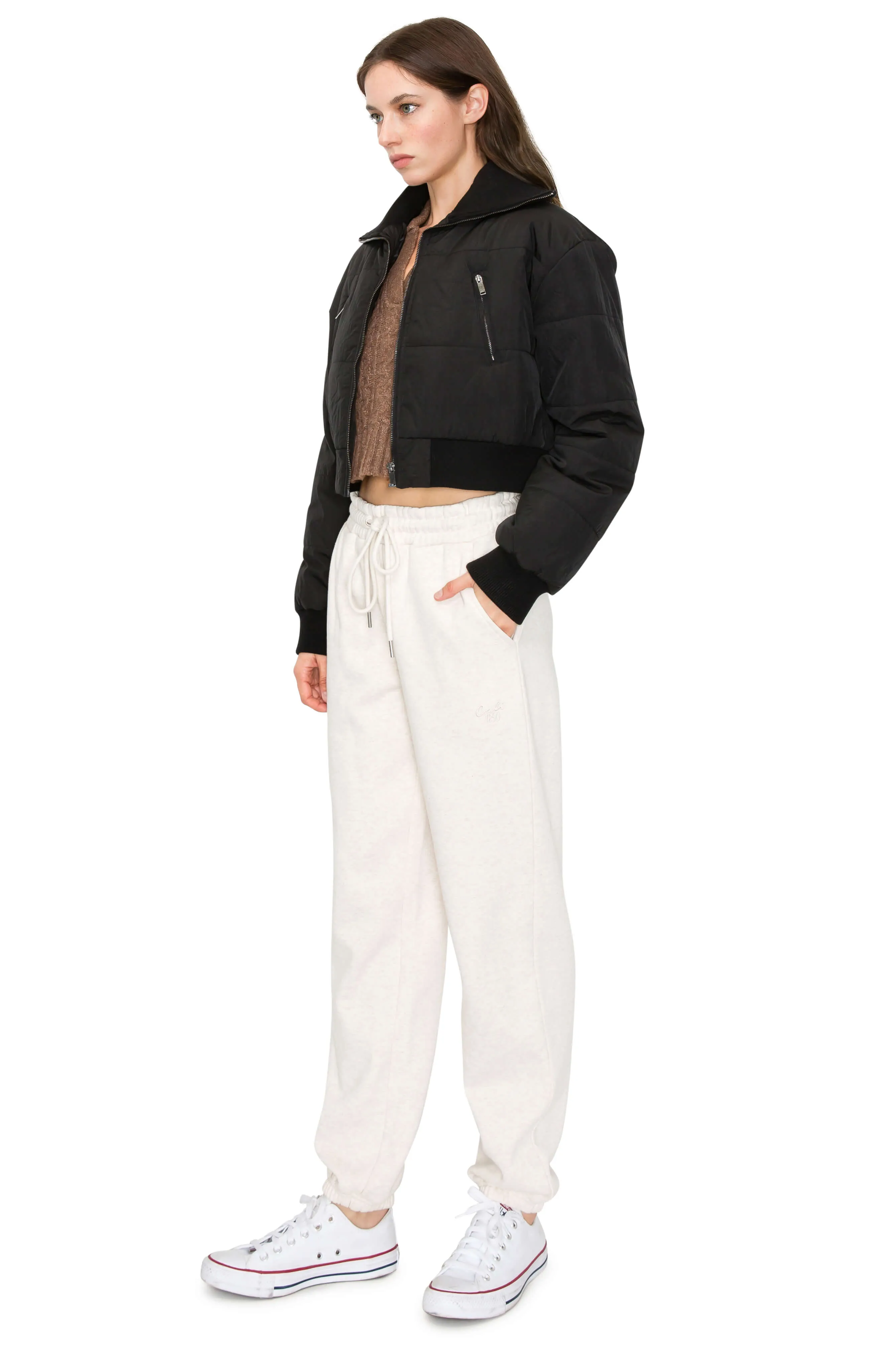 Cropped Puffer Jacket with Knit Collar - Black