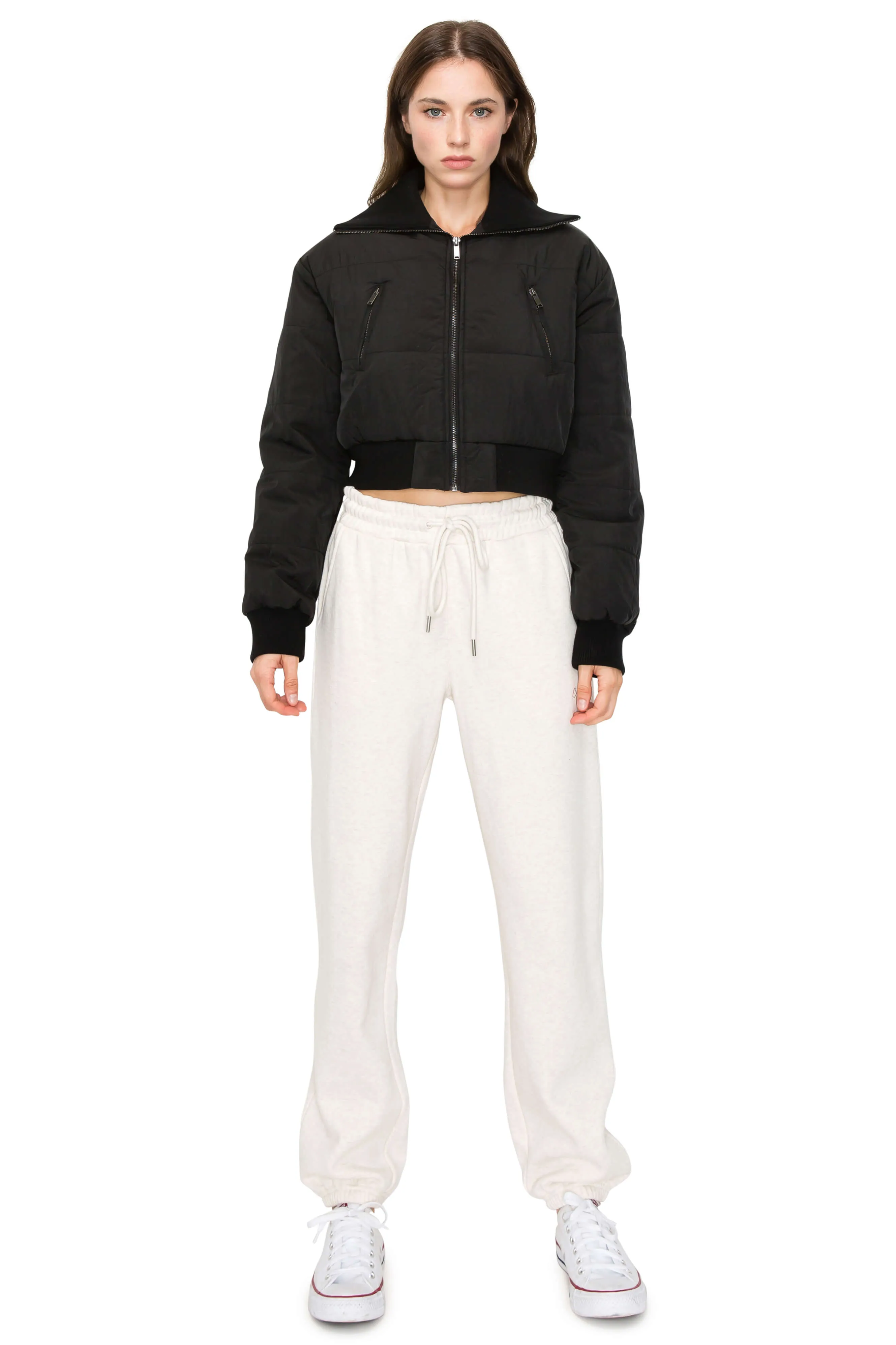Cropped Puffer Jacket with Knit Collar - Black