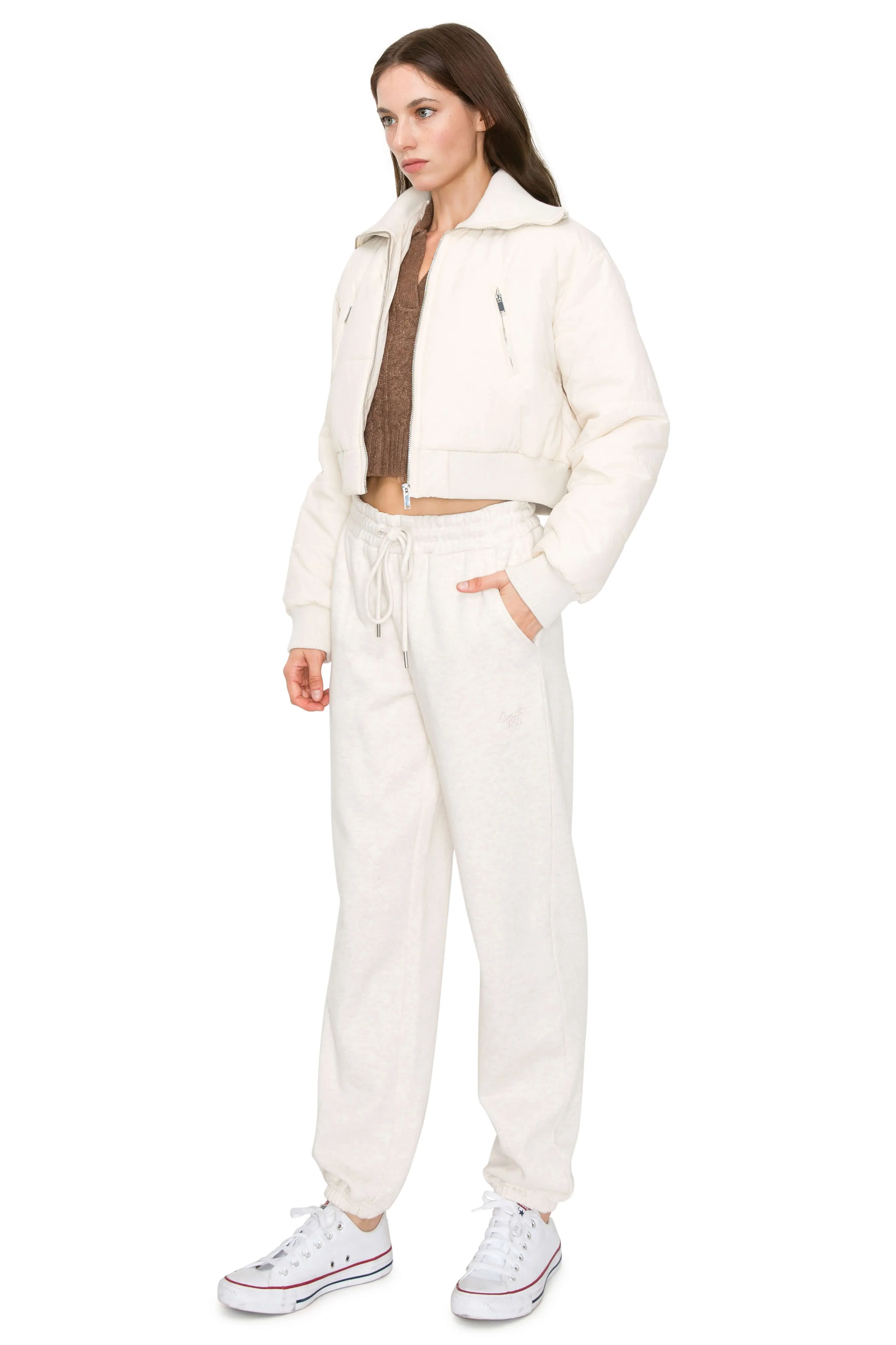Cropped Puffer Jacket with Knit Collar - Cream