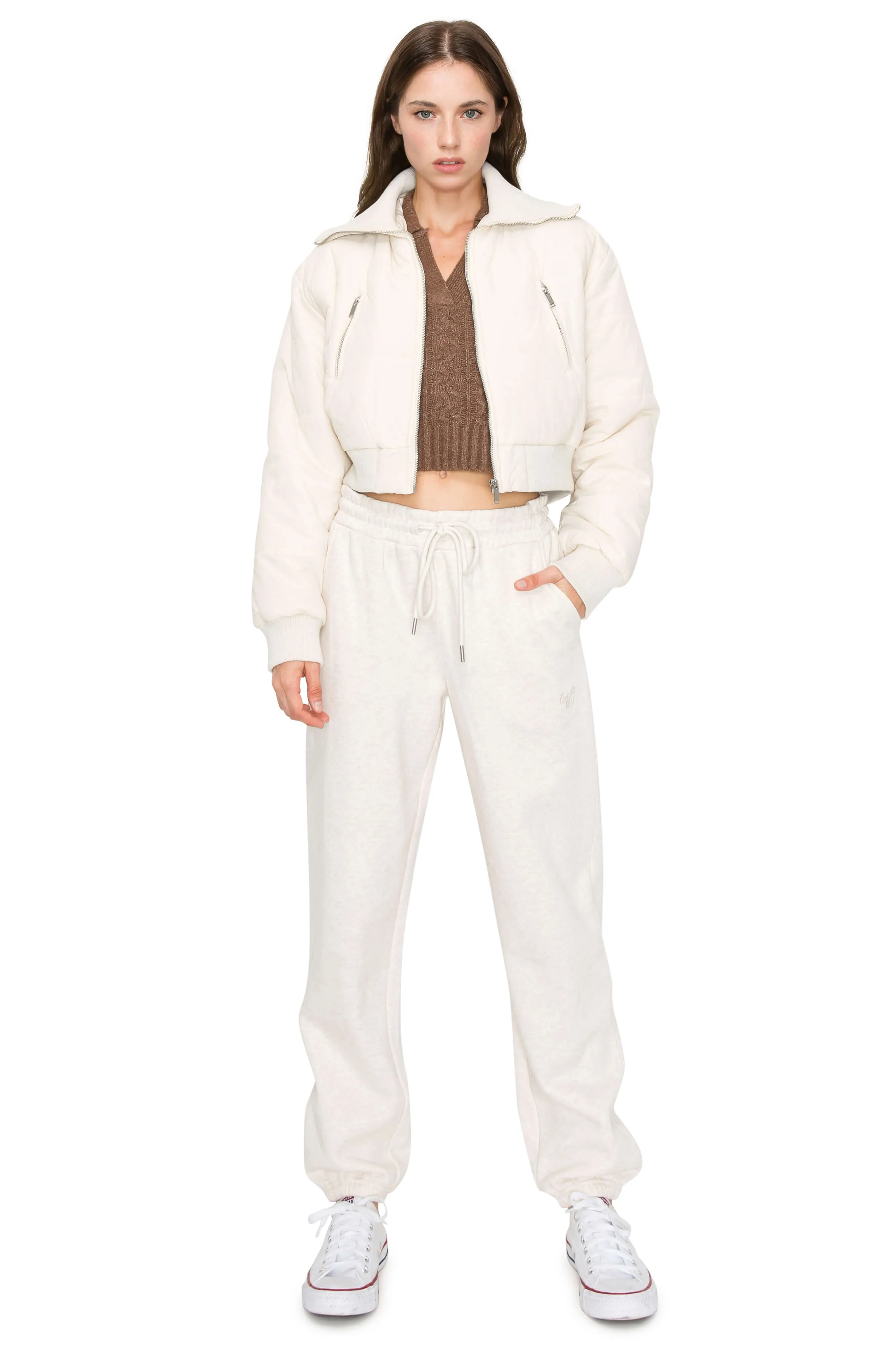 Cropped Puffer Jacket with Knit Collar - Cream
