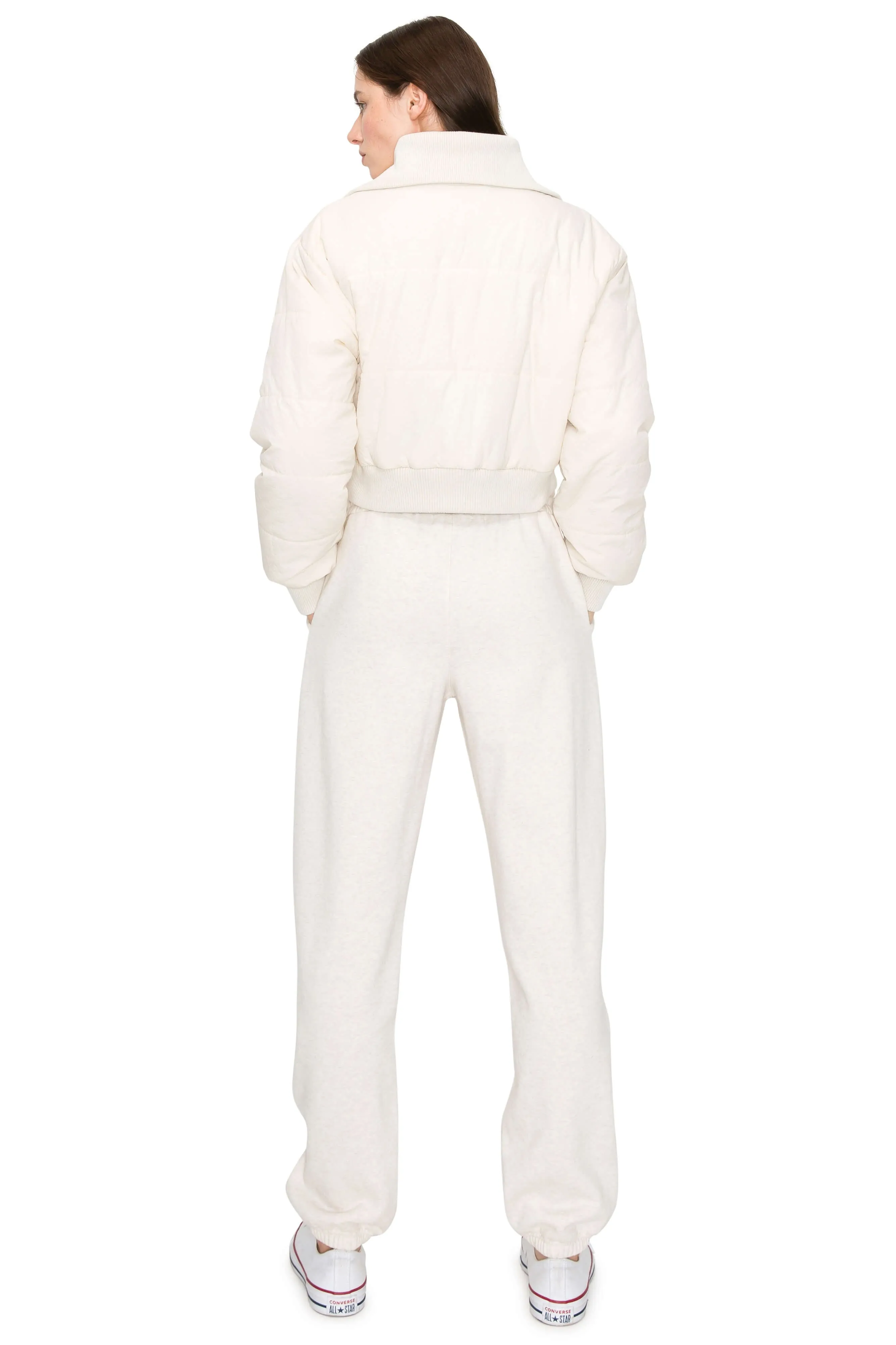 Cropped Puffer Jacket with Knit Collar - Cream