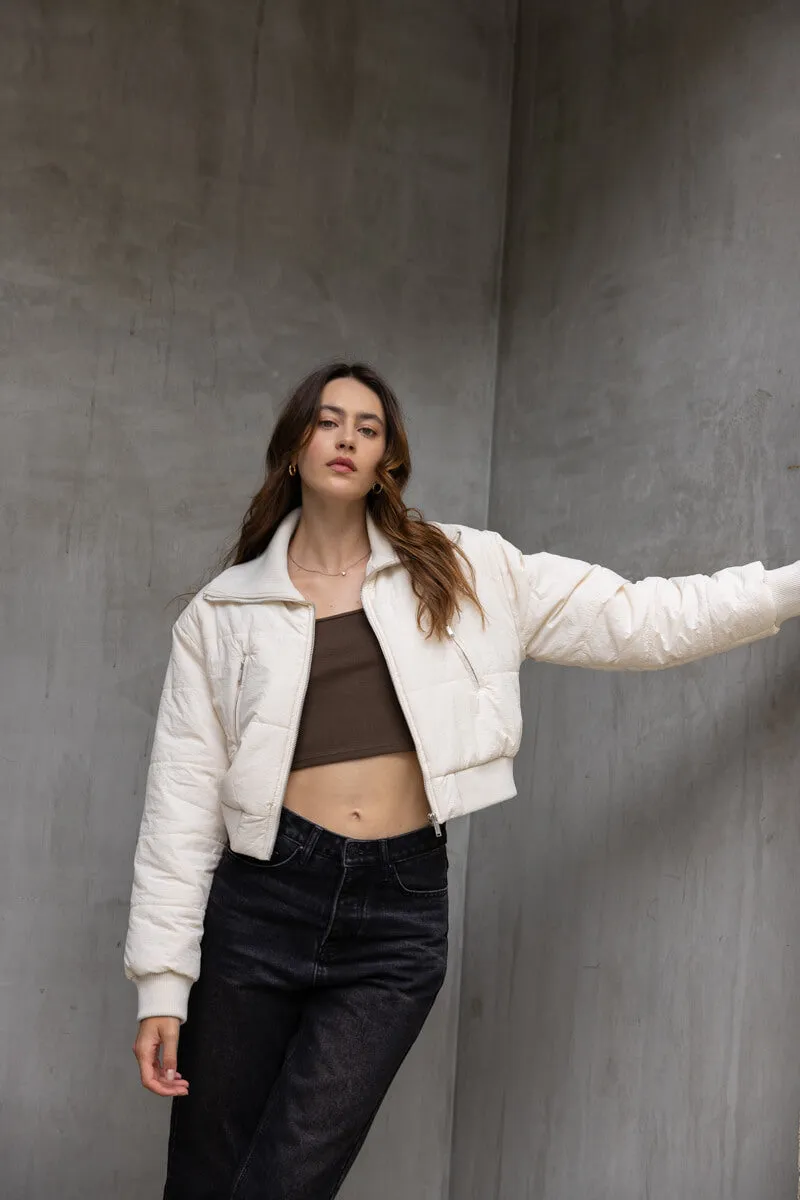 Cropped Puffer Jacket with Knit Collar - Cream