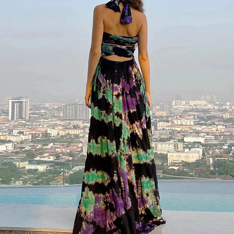 Cross Backless High Waist Maxi Luxury Deep V-neck Party Sexy Tie-dye Slim Halter Floral Elegant Dress