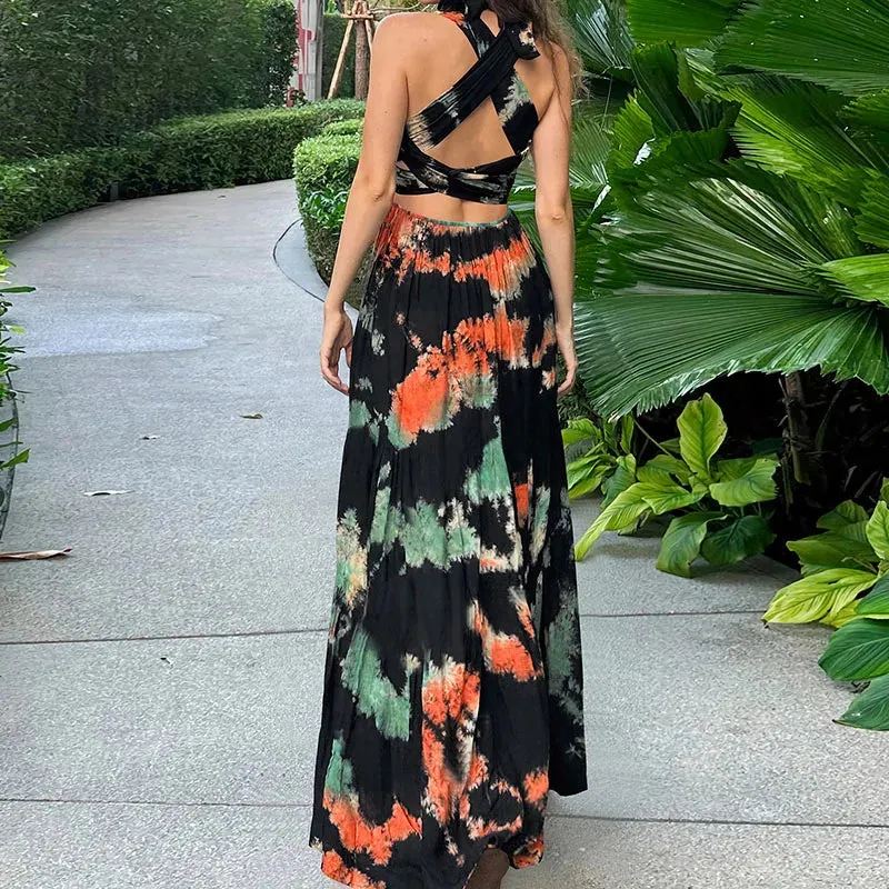 Cross Backless High Waist Maxi Luxury Deep V-neck Party Sexy Tie-dye Slim Halter Floral Elegant Dress