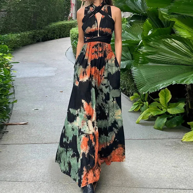 Cross Backless High Waist Maxi Luxury Deep V-neck Party Sexy Tie-dye Slim Halter Floral Elegant Dress