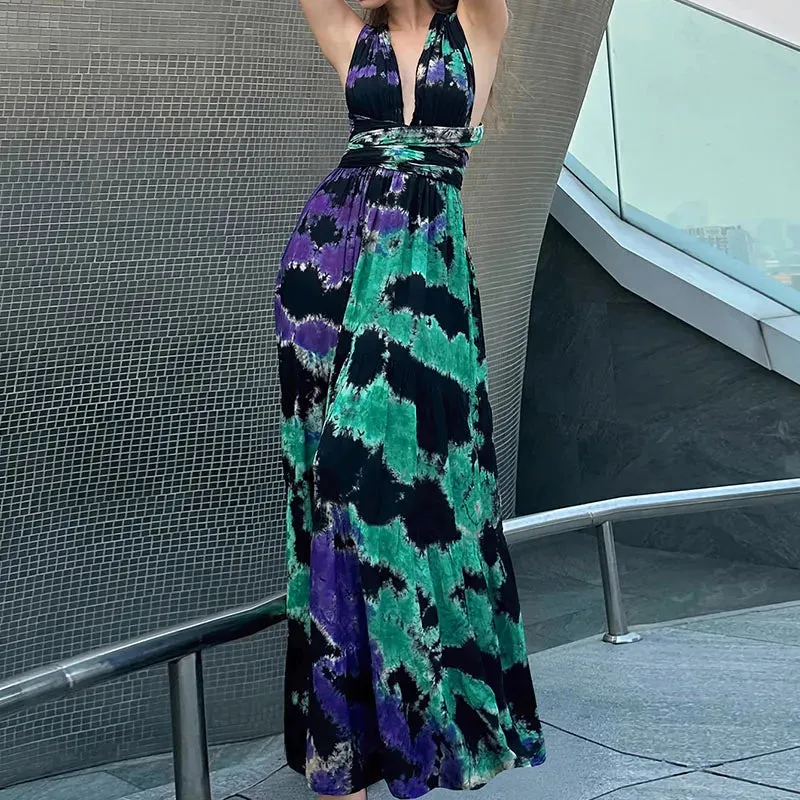 Cross Backless High Waist Maxi Luxury Deep V-neck Party Sexy Tie-dye Slim Halter Floral Elegant Dress