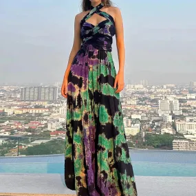 Cross Backless High Waist Maxi Luxury Deep V-neck Party Sexy Tie-dye Slim Halter Floral Elegant Dress