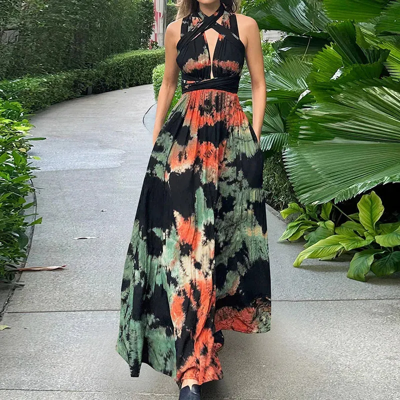 Cross Backless High Waist Maxi Luxury Deep V-neck Party Sexy Tie-dye Slim Halter Floral Elegant Dress