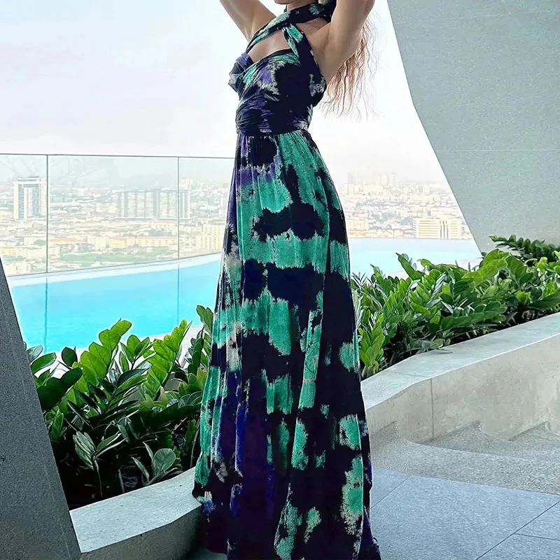 Cross Backless High Waist Maxi Luxury Deep V-neck Party Sexy Tie-dye Slim Halter Floral Elegant Dress