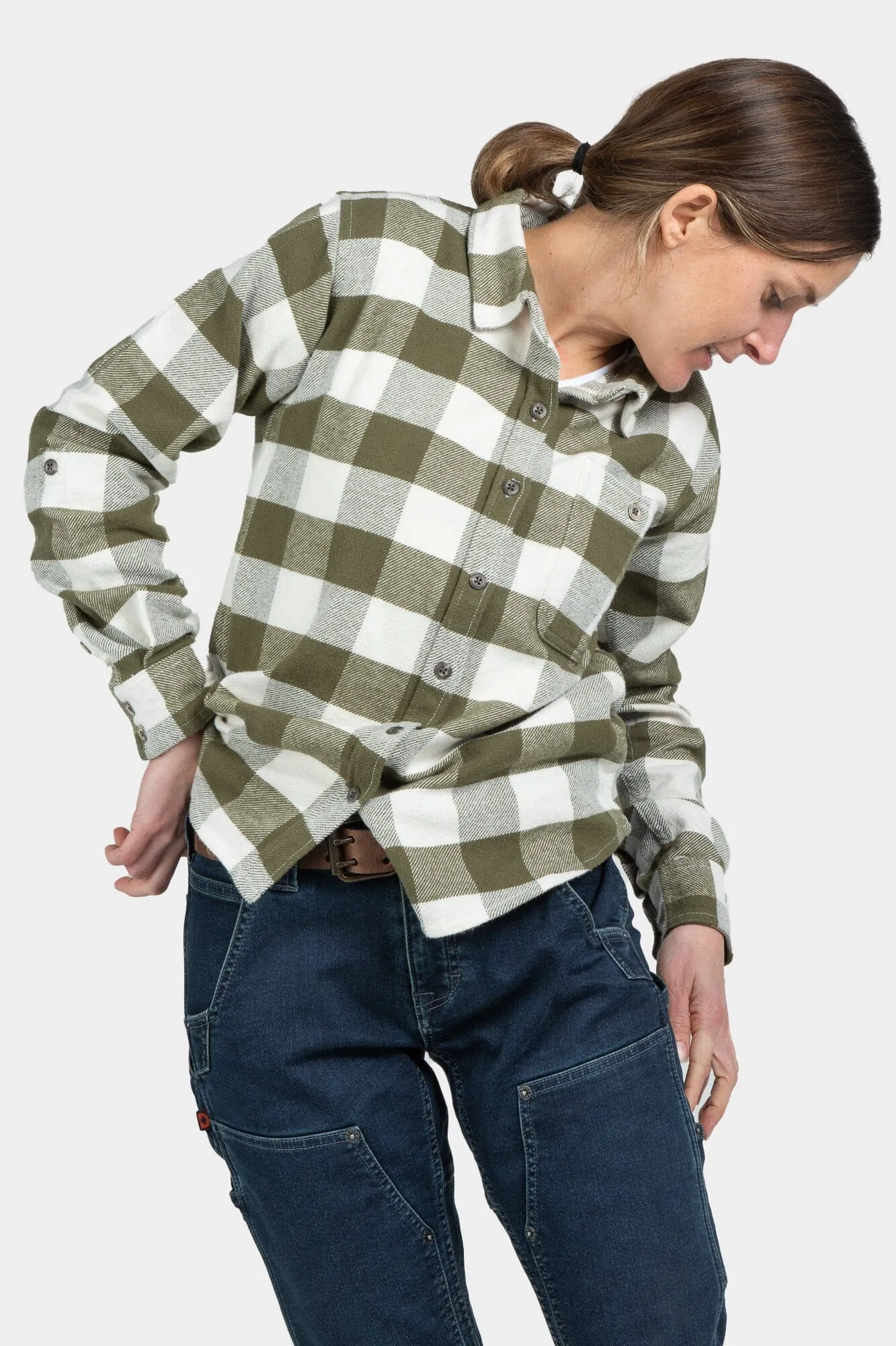Dovetail Women's Givens Chunky Buffalo Flannel Work Shirt in Green and Cream