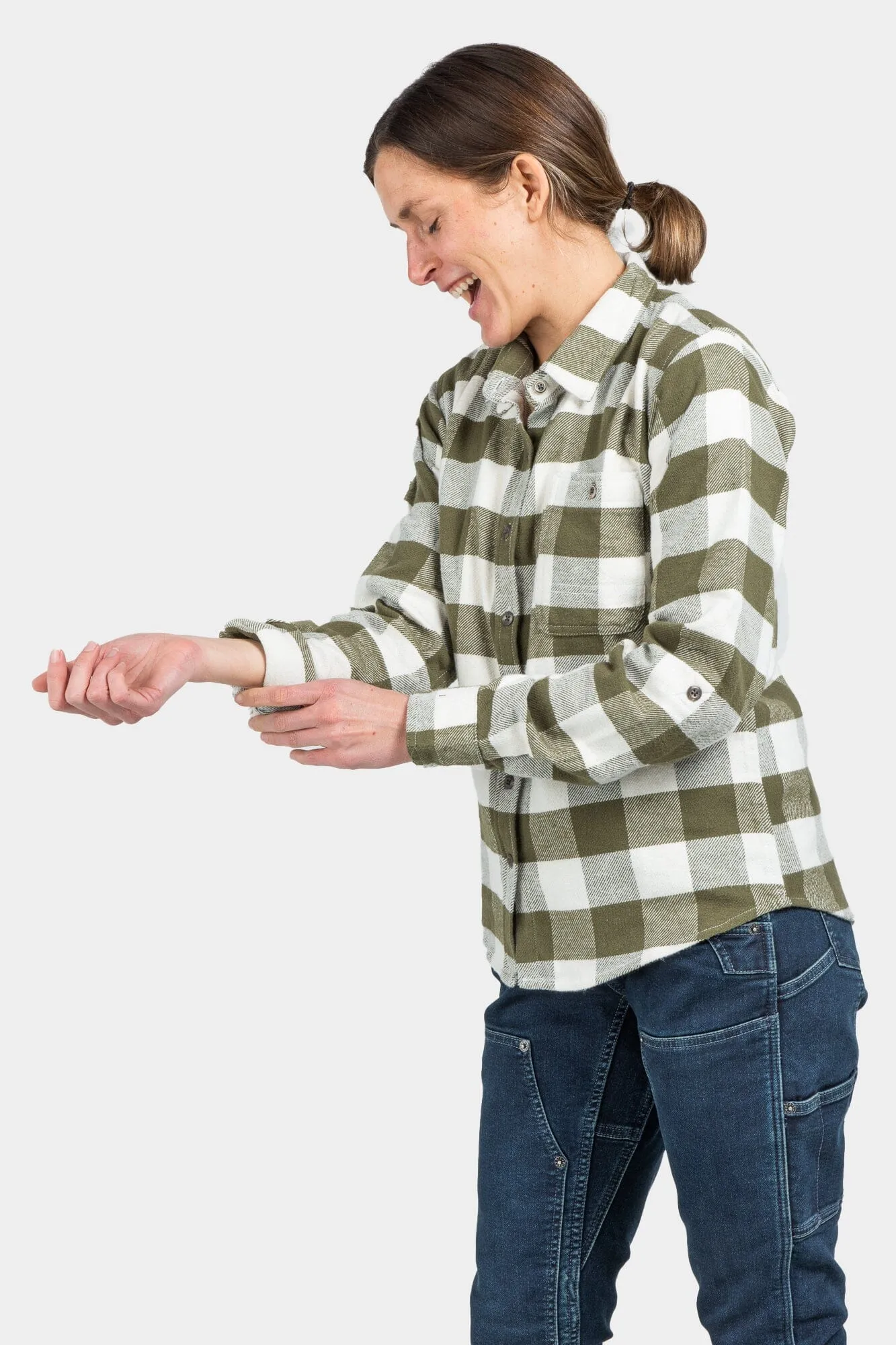 Dovetail Women's Givens Chunky Buffalo Flannel Work Shirt in Green and Cream