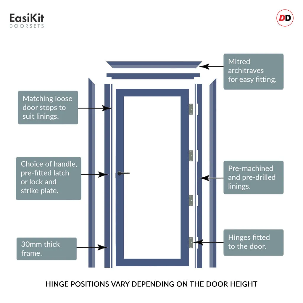 EasiKit Internal Door and Frame Kit - Baltimore 1 Pane Solid Wood Internal Door - Premium Primed - Colour & Glass Options