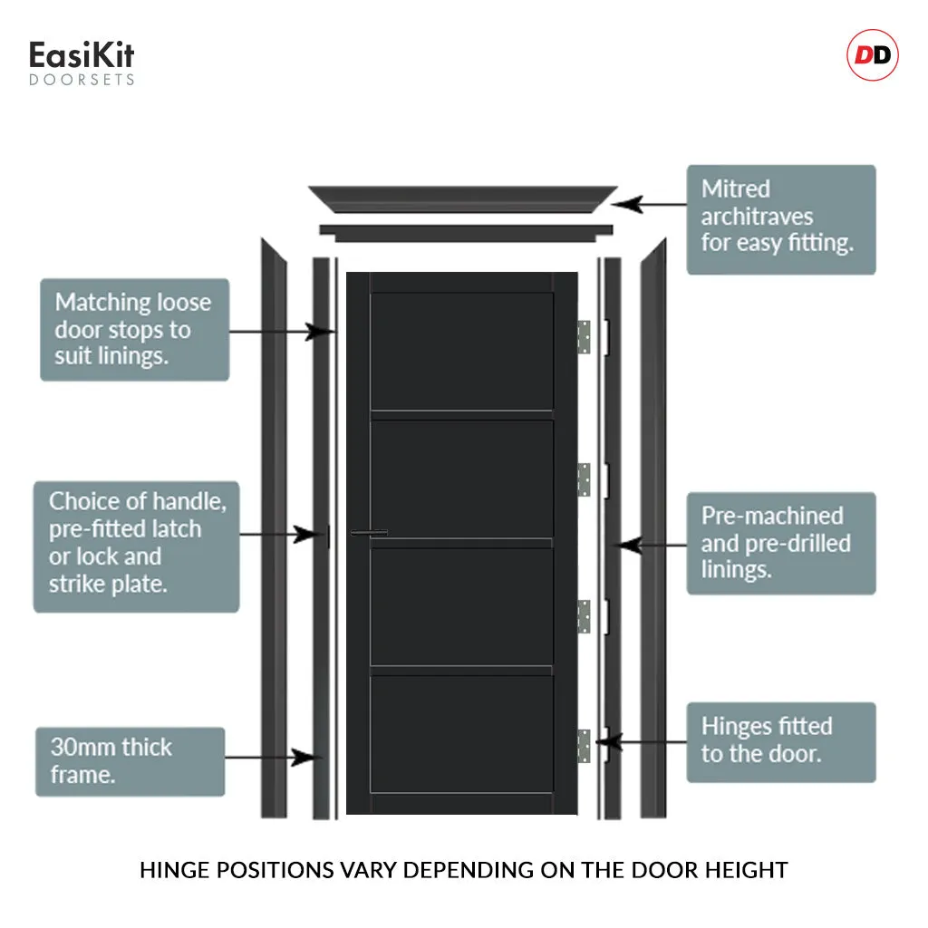 EasiKit Internal Door and Frame Kit - Brooklyn 4 Panel Solid Wood Internal Door - Premium Primed - Colour Options