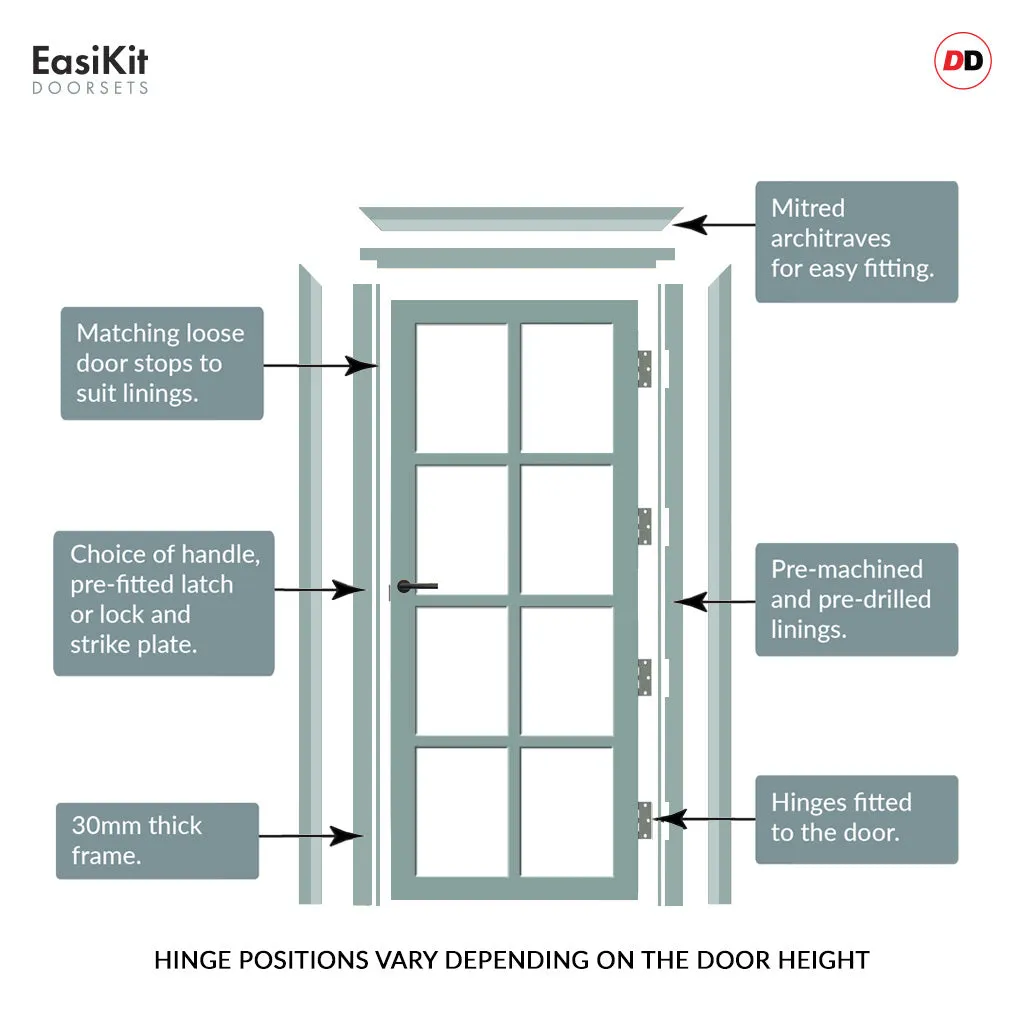 EasiKit Internal Door and Frame Kit - Perth 8 Pane Solid Wood Internal Door - Premium Primed - Colour & Glass Options