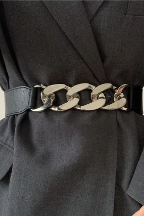 Elastic Black Belt & Decorative Chain for Skirt Coat Suit
