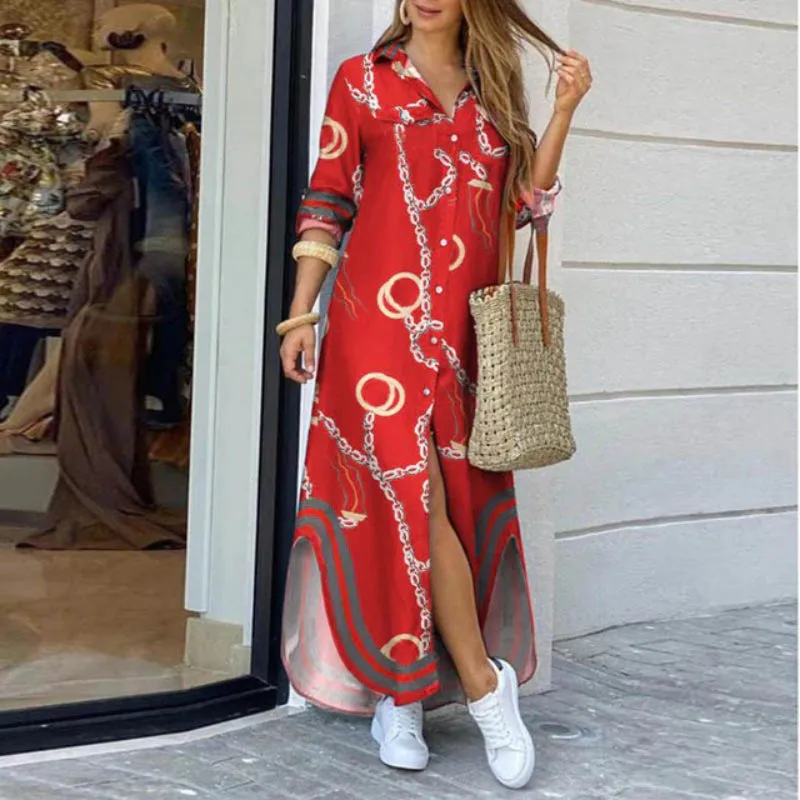 Fashion Chained Long Sleeve Casual Summer Maxi Dresses