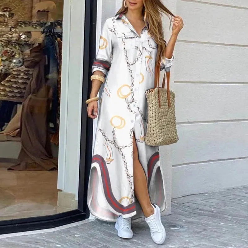Fashion Chained Long Sleeve Casual Summer Maxi Dresses